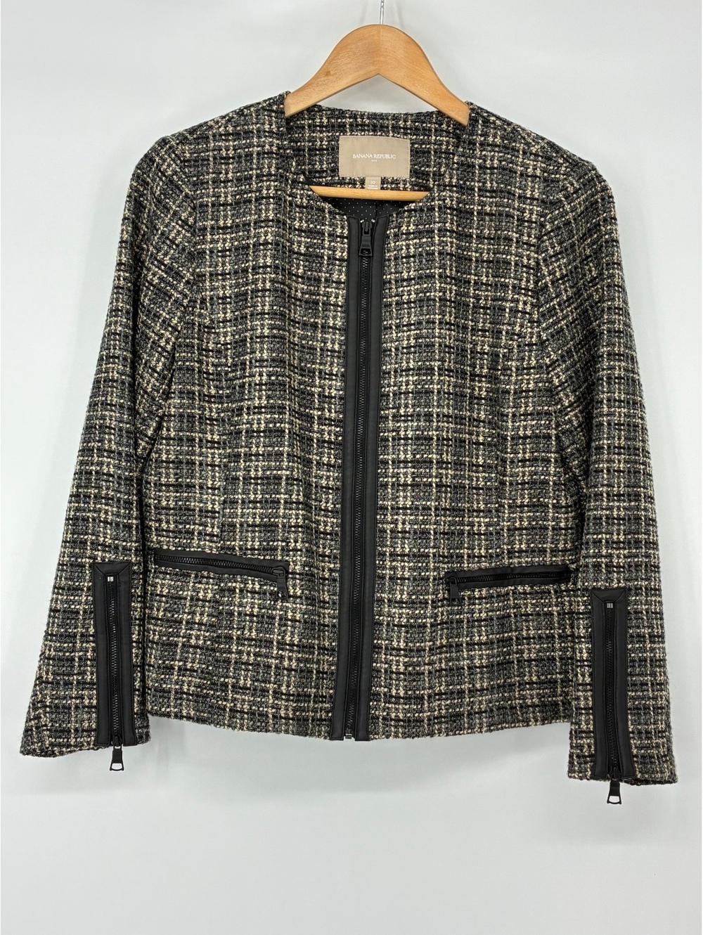 Banana Republic Women's Black and White Tweed Zip-Up Faux Leather Jacket Size 10